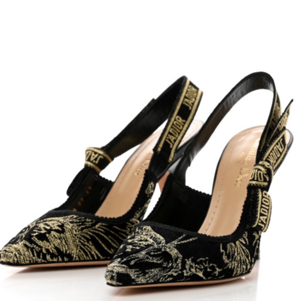 Lurex Ribbon Embroidered J'Adior Slingback 100mm Pumps 37 Black Gold